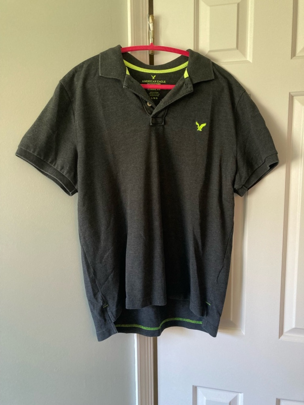 American Eagle Outfitters Men’s Charcoal Polo with Neon Green Accent